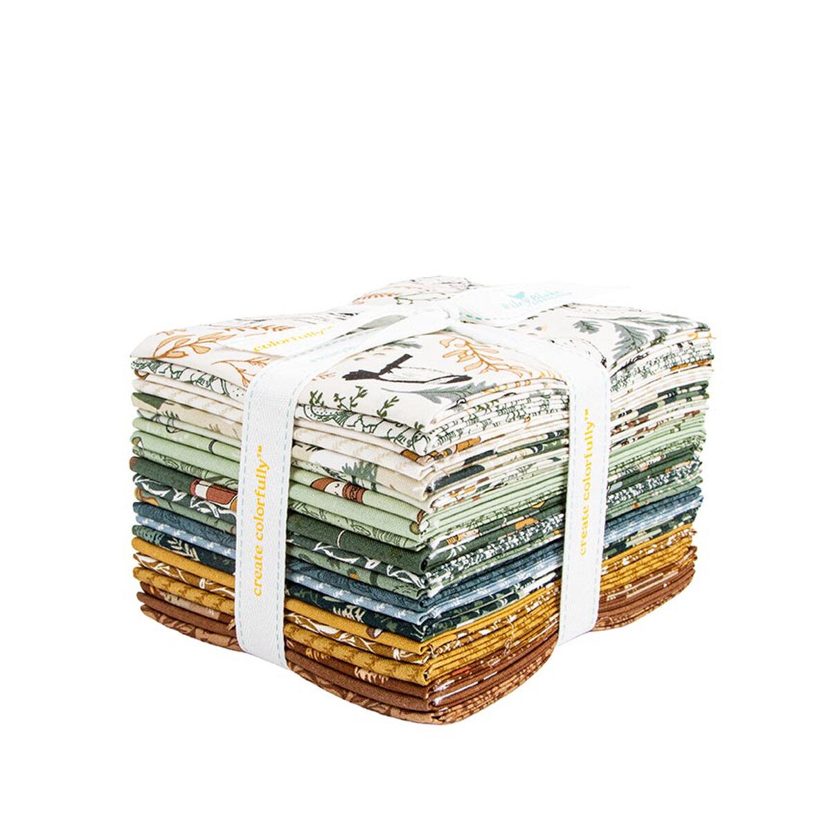 Stack of fabric bundles with a white band, featuring nature-themed prints.